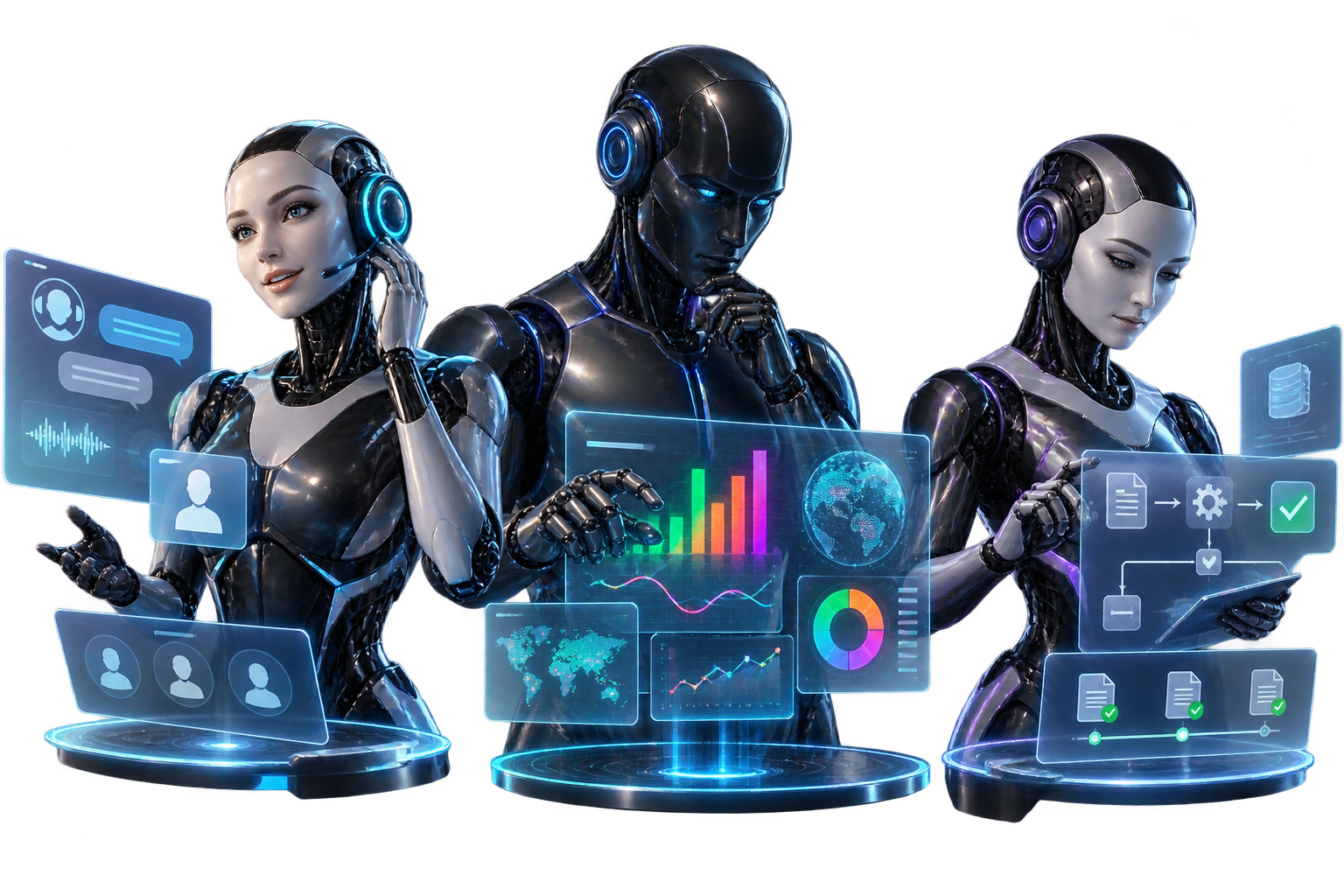 Three AI employees handling customer communication analytics and ERP workflows