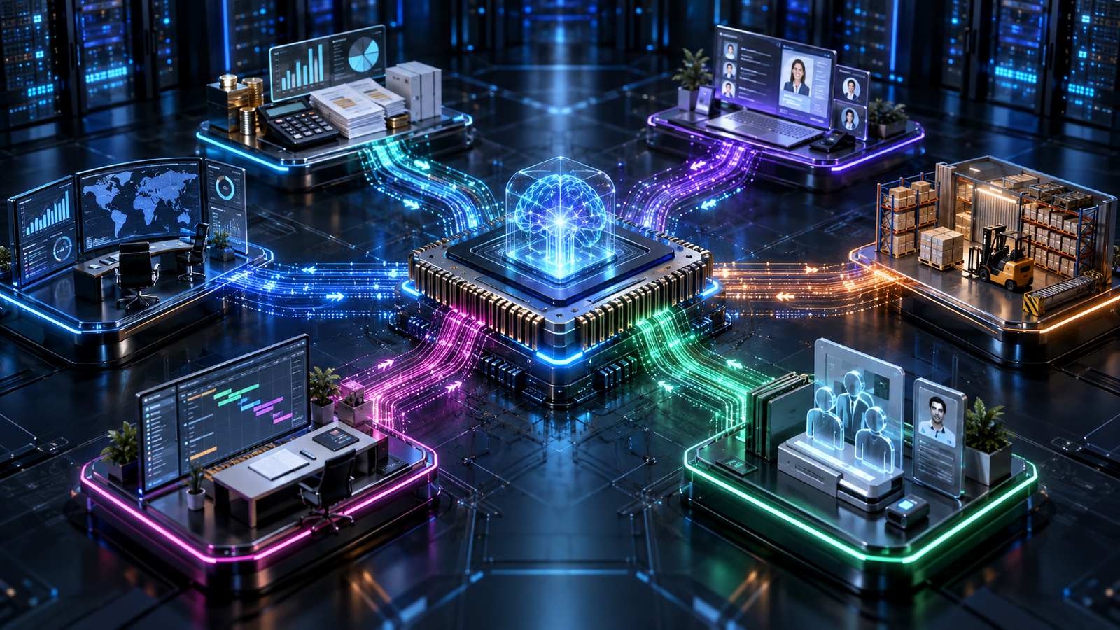 AI processor connecting accounting inventory CRM HR projects and analytics