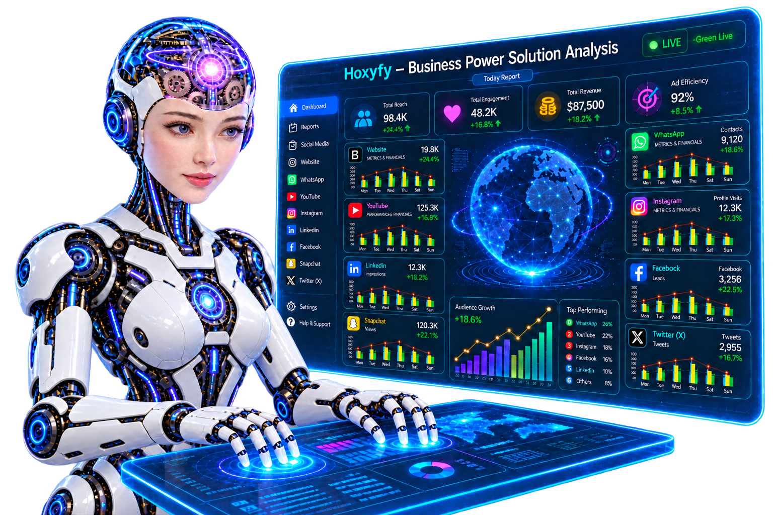 Human-faced full robotic AI agent typing with both hands on the Hoxyfy holographic keyboard